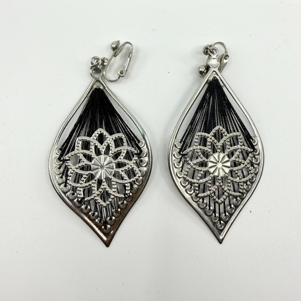 Silver Tone Geometric Dangle Clip-On Earrings - Boho Statement Style